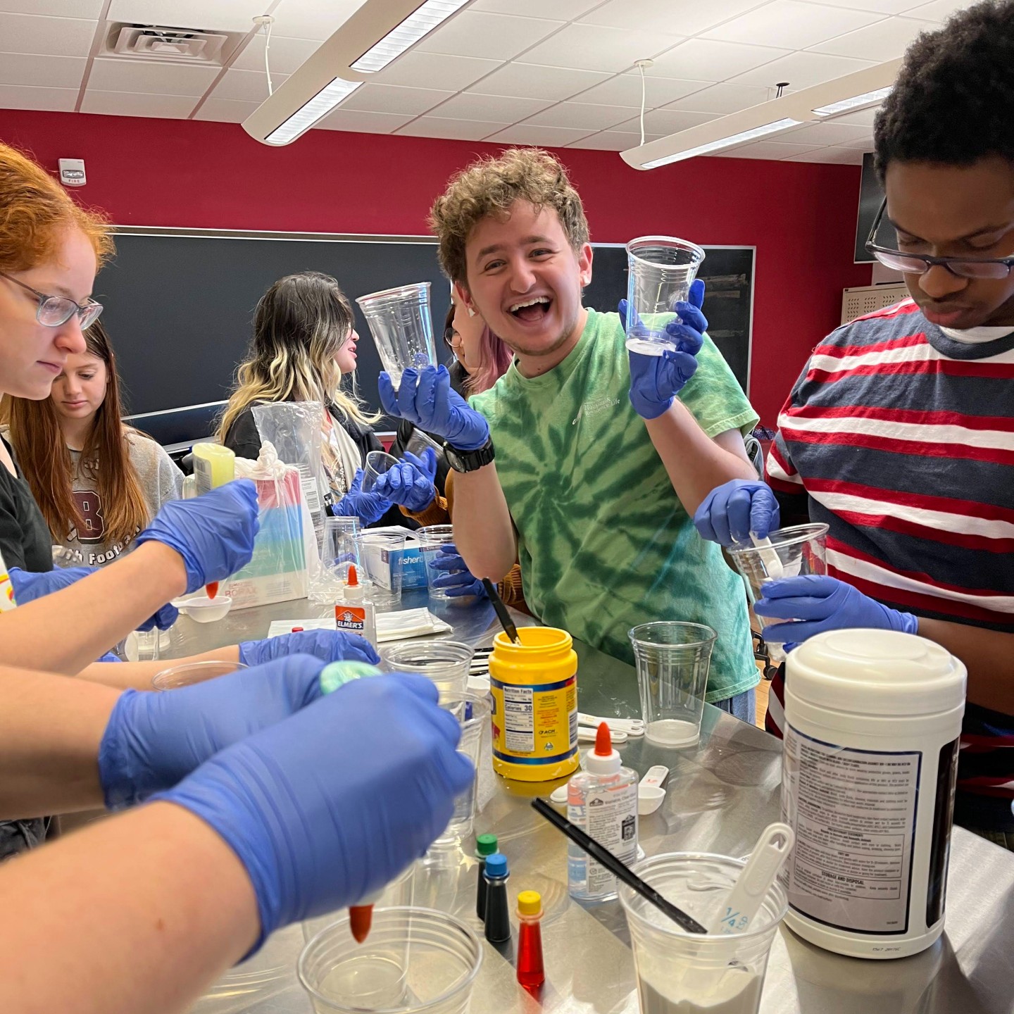 Students in the Chemistry and Biochemistry Club create bouncy balls in a demonstration.